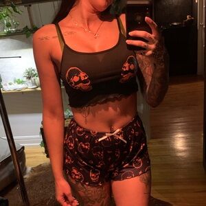 Skull-Print Black & Olive Women's Pajama Crop Tank and Shorts Set